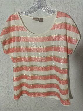 Chico's Coral, Cream & Gold Sequin Striped Scoop Neck Top Size 1 semiformal